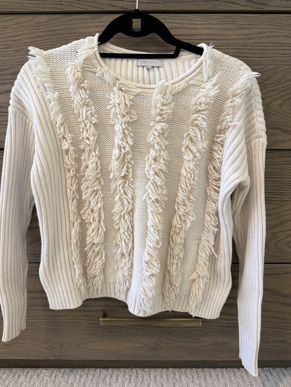 1. STATE Cream Fringe Textured Knit Sweater Size S Boho Chunky Cozy Stained